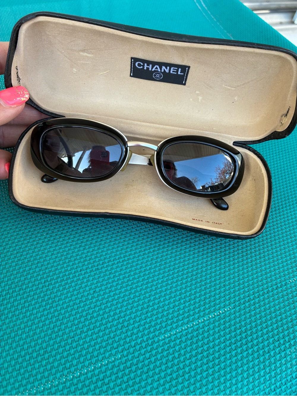 CHANEL Vintage Black Oval Sunglasses with Dark Lenses and Case